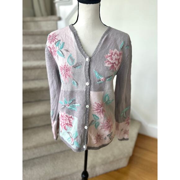 Vintage Coldwater Creek Cottage Grey Pink Mint Rose Patchwork Cardigan - Picture 1 of 5